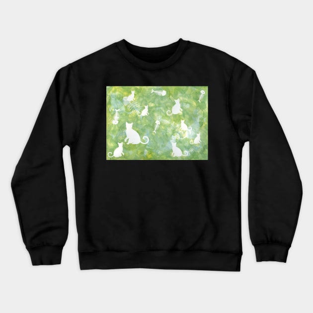 Green Watercolor Cat and Fish Bone Painting Crewneck Sweatshirt by gloobella